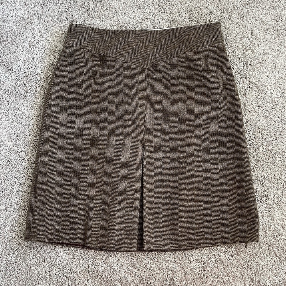 Y2K Gap Brown Herringbone Wool Blend A-Line Skirt 12 Pleated Front Fall 04